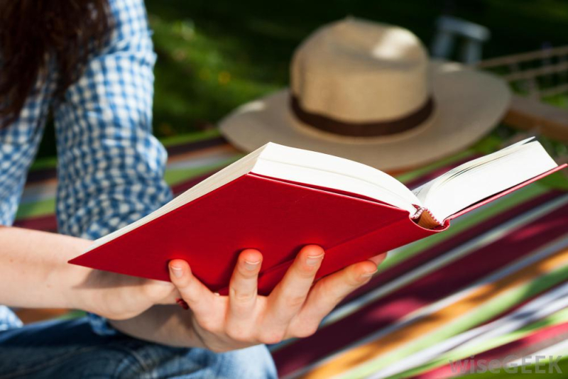 Person-reading-red-covered-book-near-grass